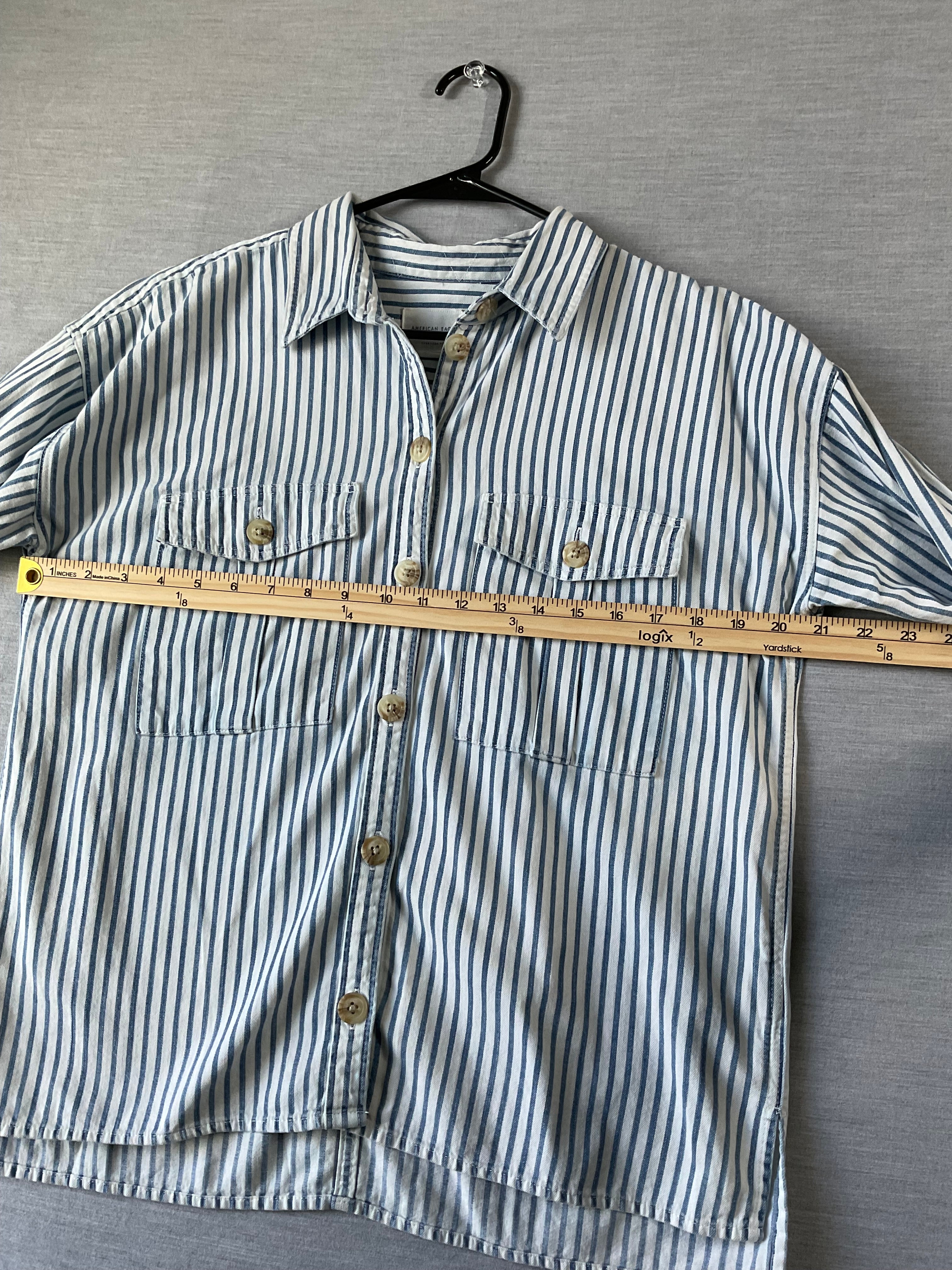 American Eagle Blue White Striped Oversized Long Sleeve Shirt - Small