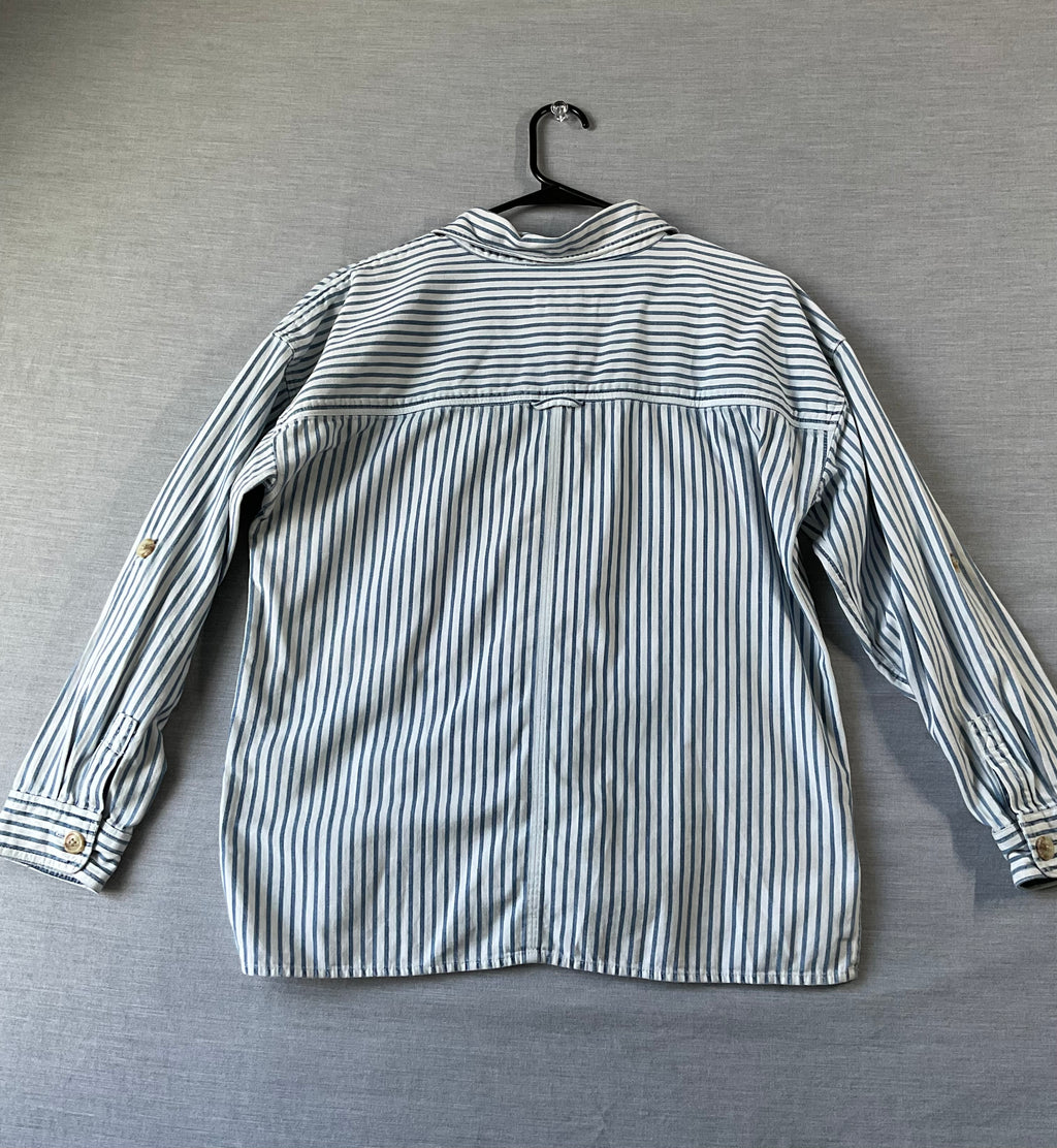 American Eagle Blue White Striped Oversized Long Sleeve Shirt - Small