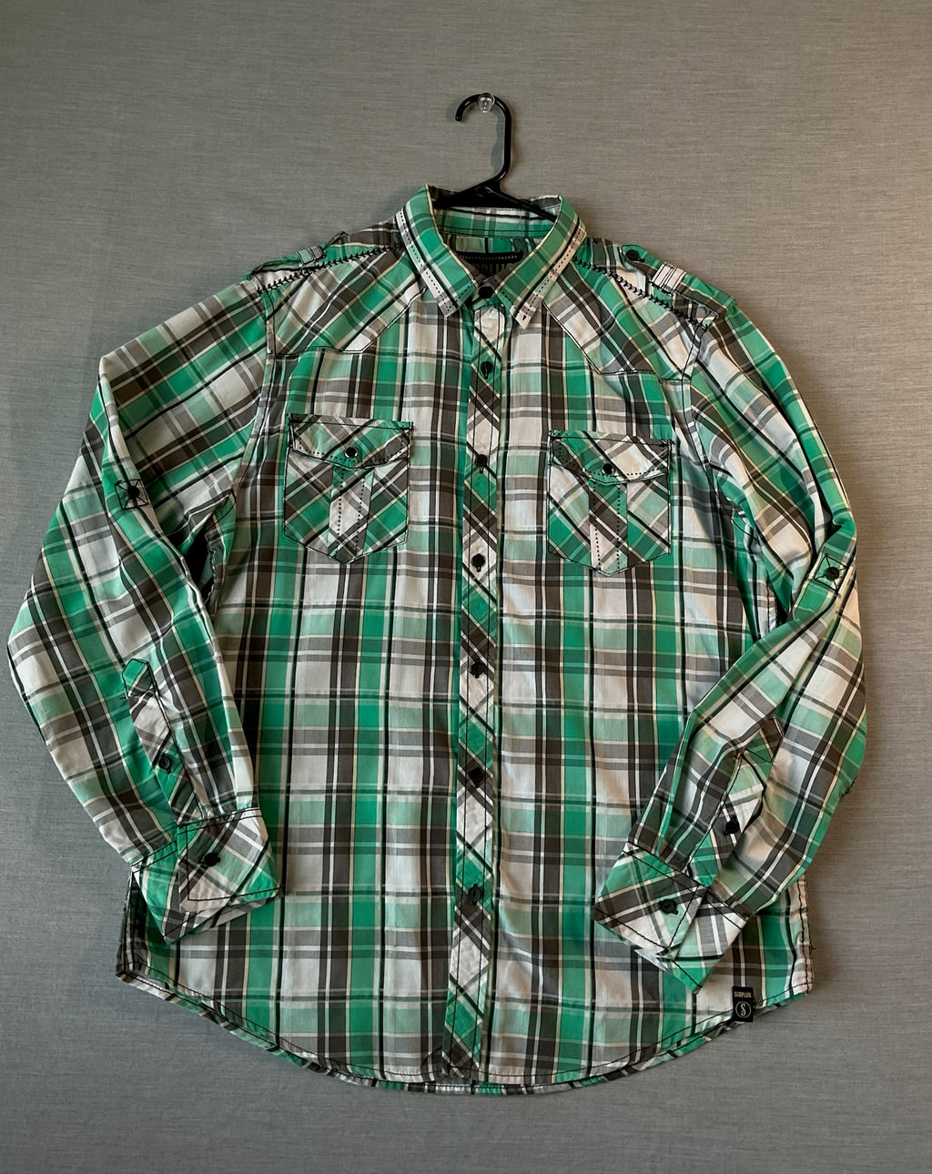 Surplus Men's Long Sleeve Button Up Green and White Plaid Shirt