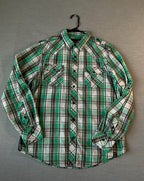 Surplus Men's Long Sleeve Button Up Green and White Plaid Shirt