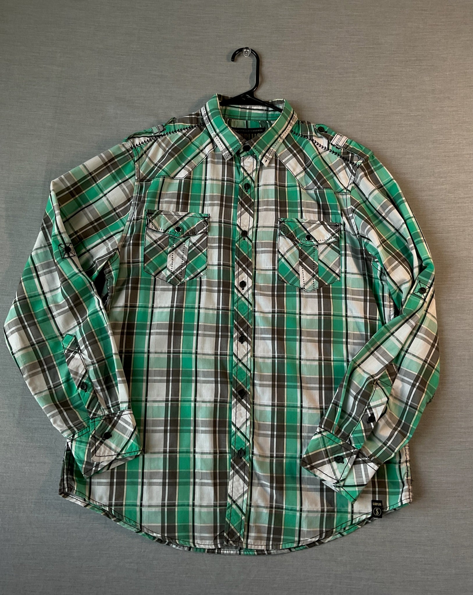 Surplus Men's Long Sleeve Button Up Green and White Plaid Shirt