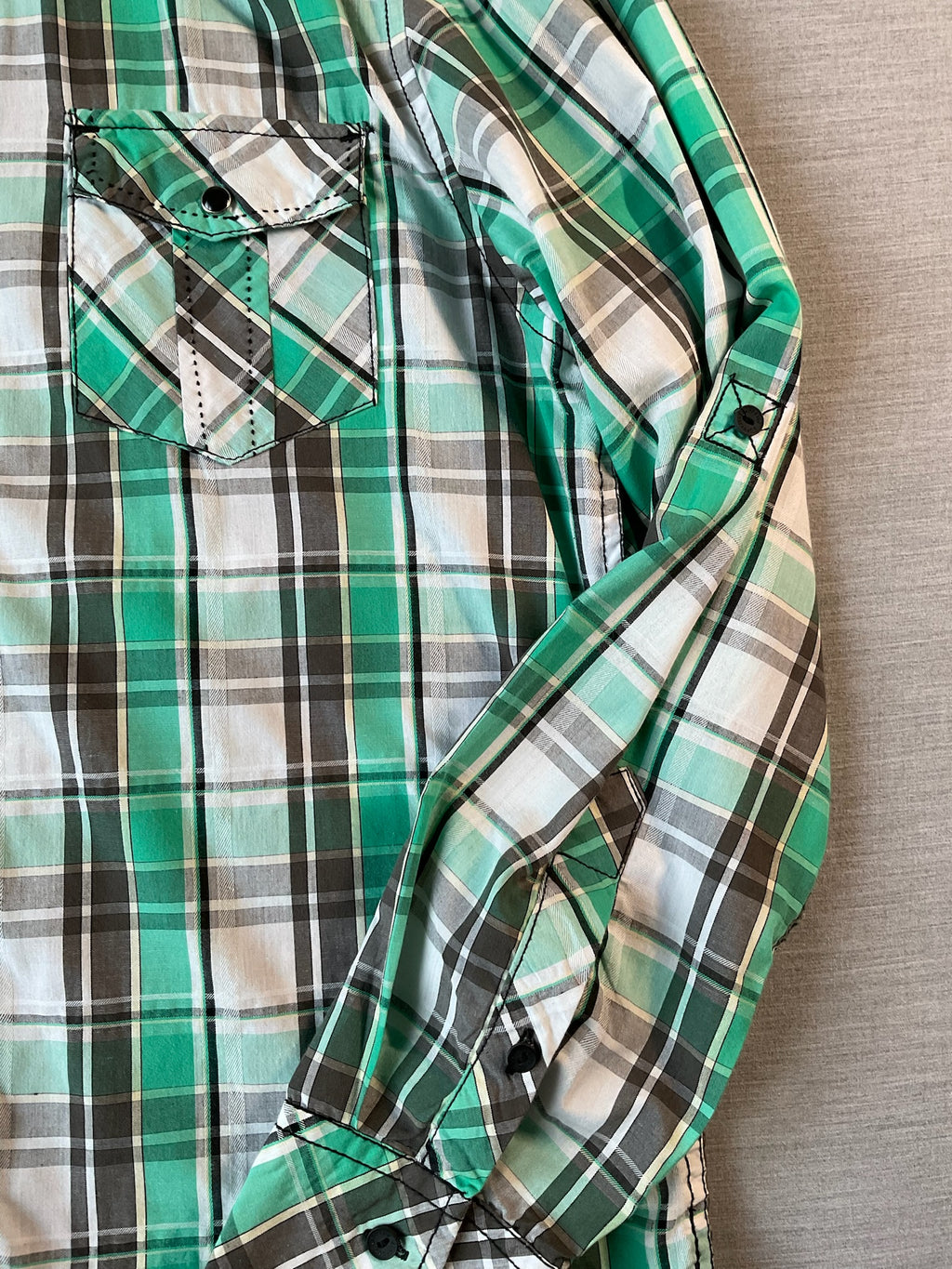 Surplus Men's Long Sleeve Button Up Green and White Plaid Shirt