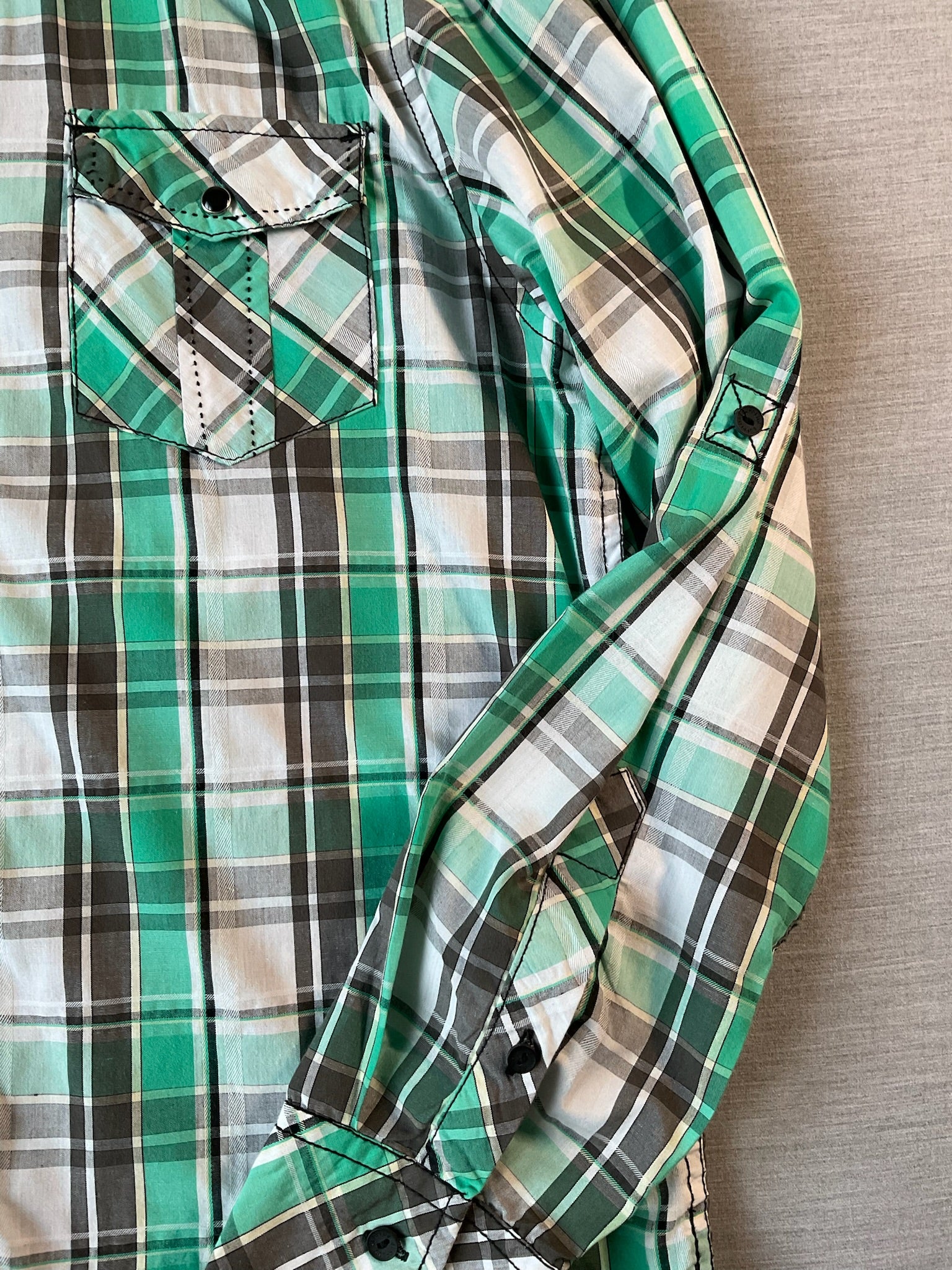 Surplus Men's Long Sleeve Button Up Green and White Plaid Shirt