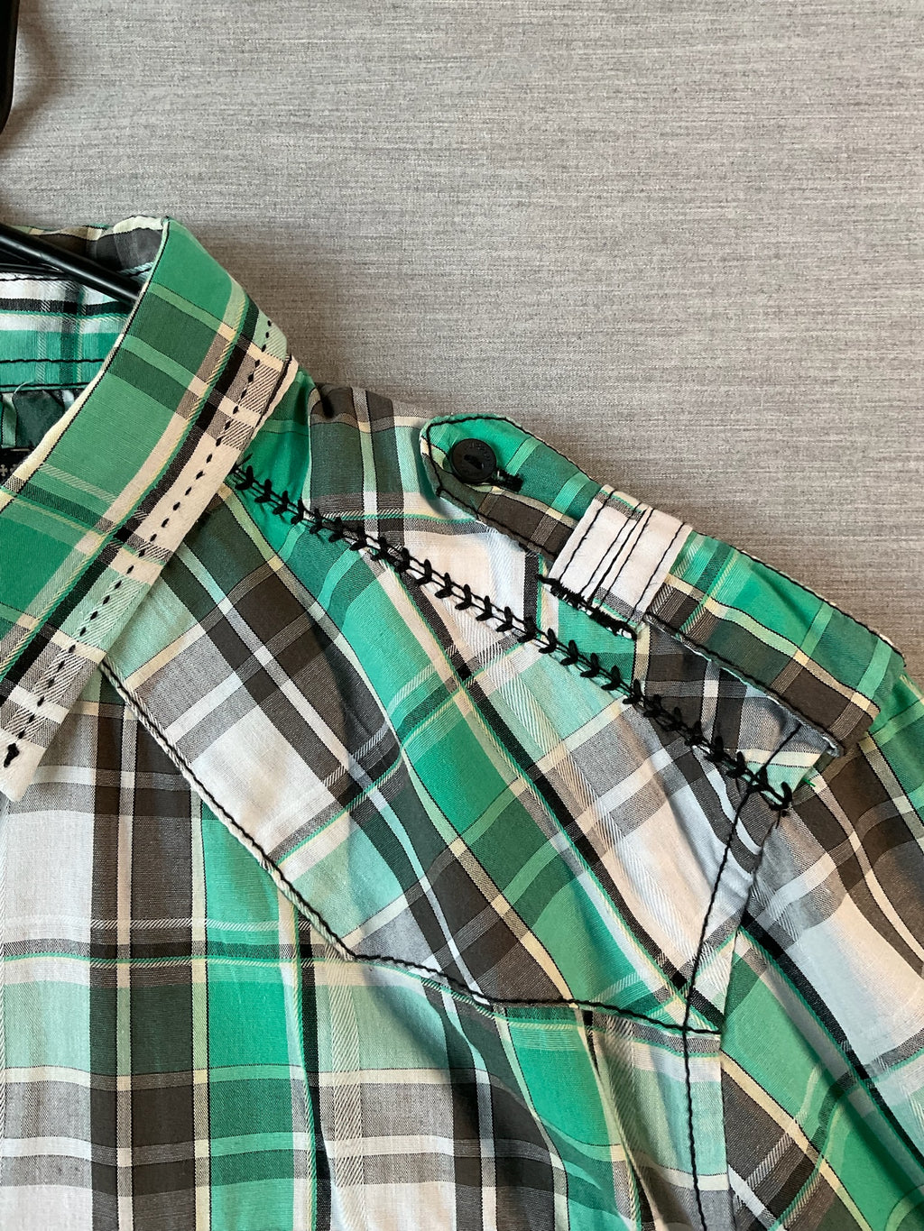 Surplus Men's Long Sleeve Button Up Green and White Plaid Shirt