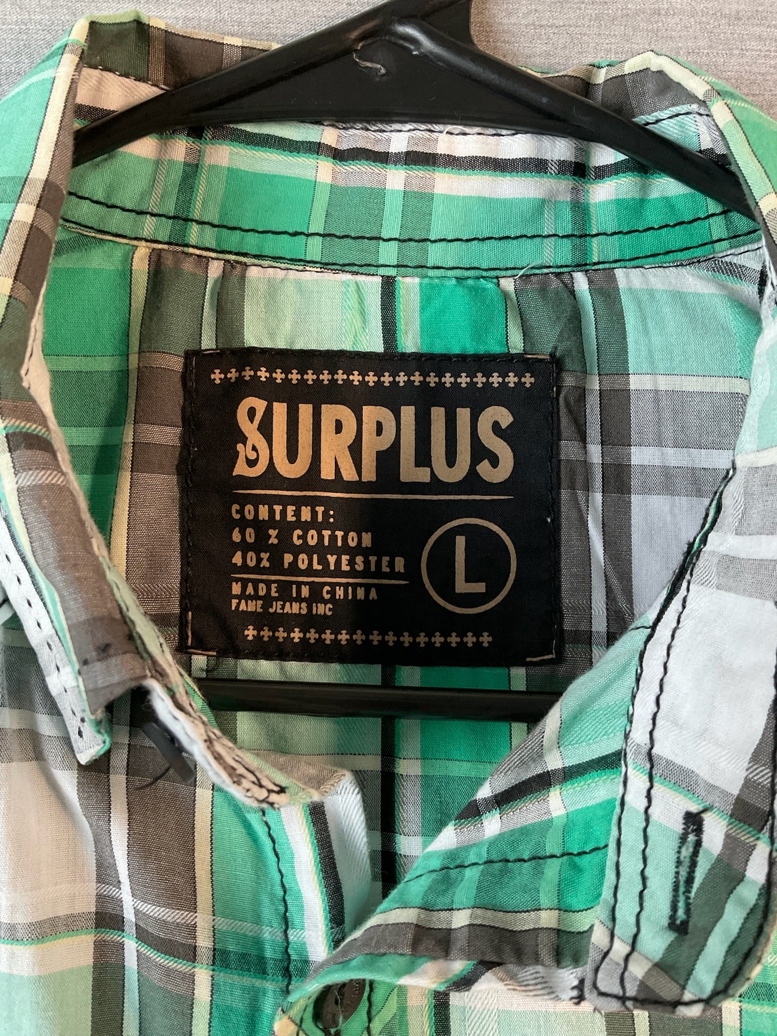 Surplus Men's Long Sleeve Button Up Green and White Plaid Shirt