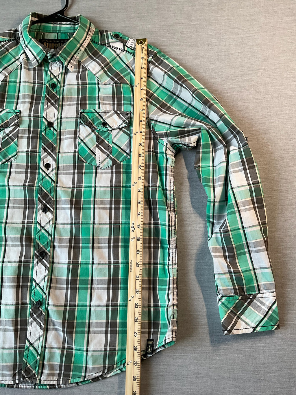 Surplus Men's Long Sleeve Button Up Green and White Plaid Shirt