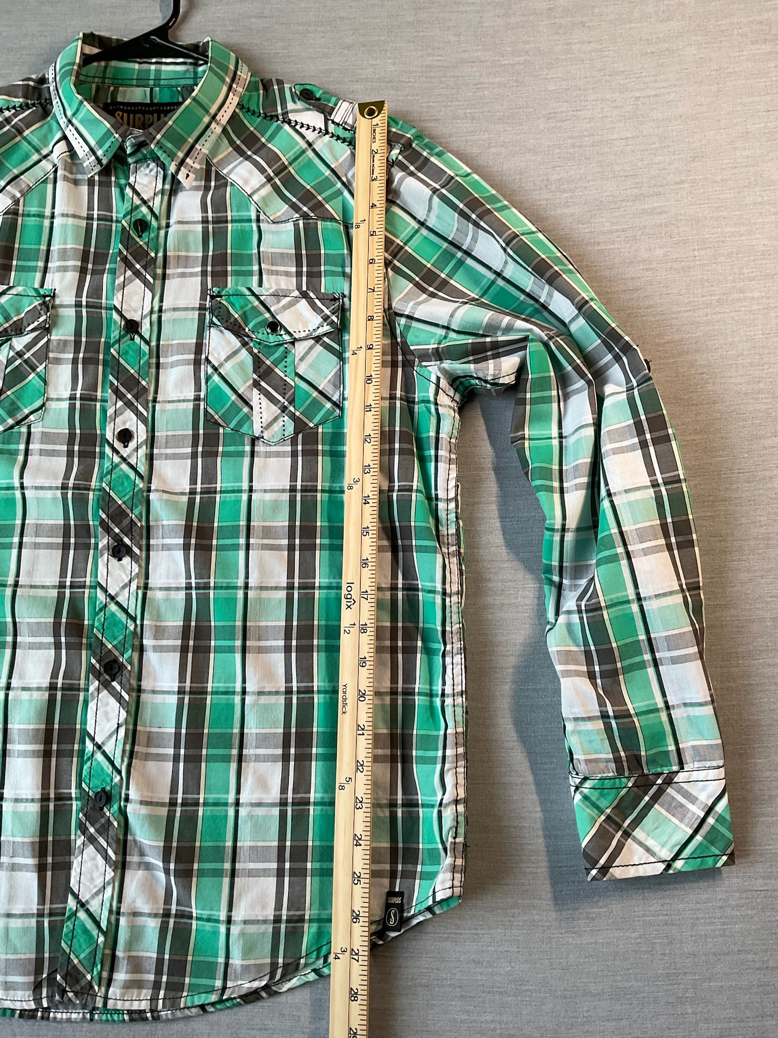 Surplus Men's Long Sleeve Button Up Green and White Plaid Shirt