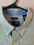 Chaps Men's Short Sleeve Button Up Green, White, Gray Plaid Shirt. XL
