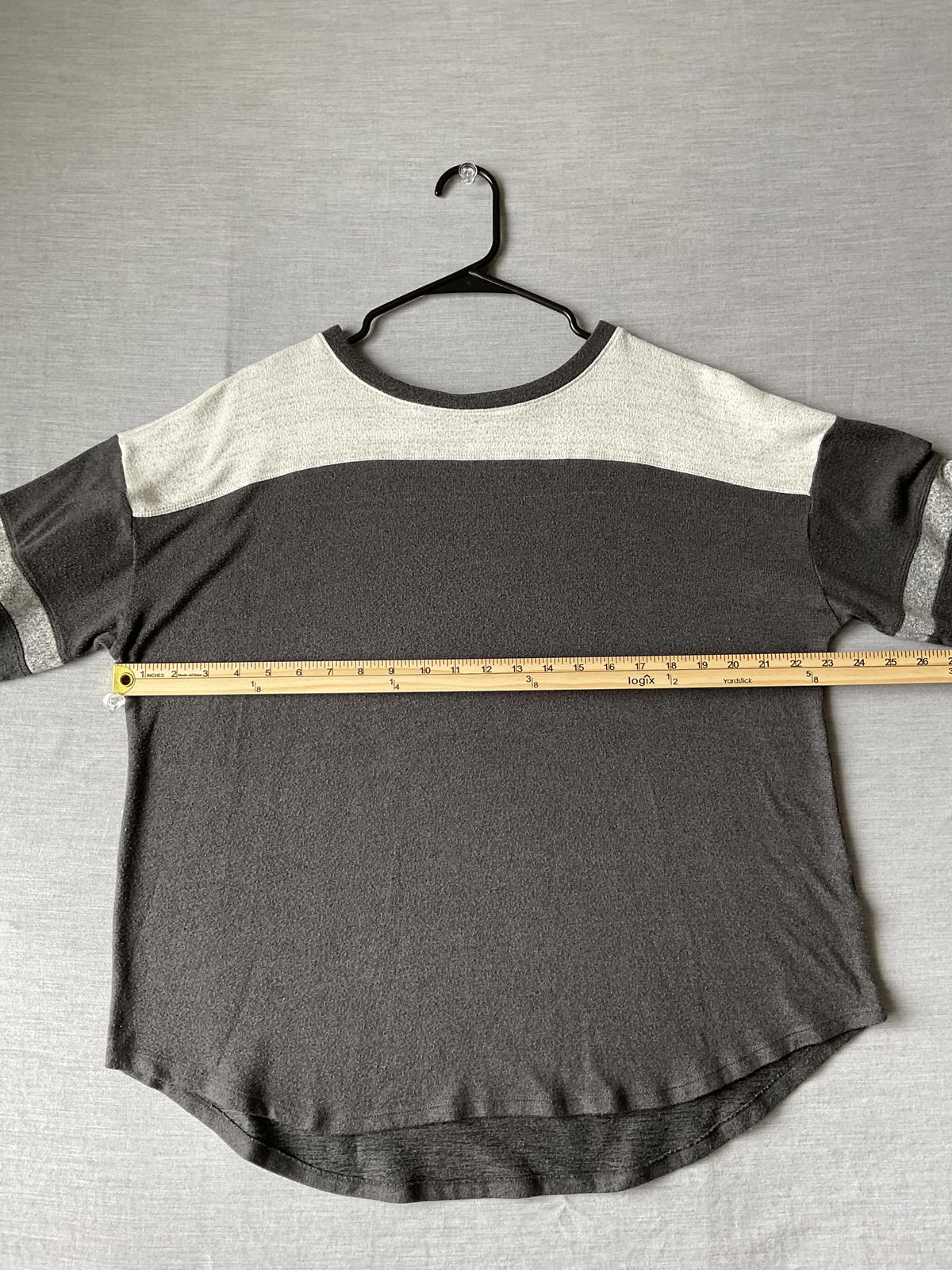 SO Women's Long Sleeve Pull Over Shirt in Gray, Dark Gray and Beige.