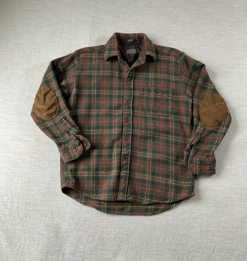 Pendleton Women's Trail Wool Shirt Long Sleeve Button Up with Reinforced Elbows in Brown Red Plaid