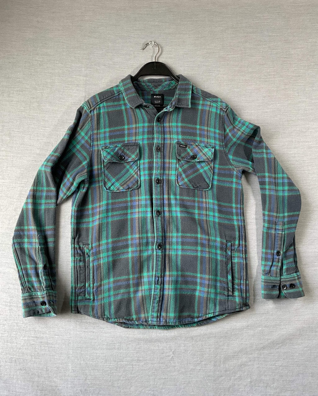 RVCA Men's Long Sleeve Button Up Flannel Shirt in Green and Blue.