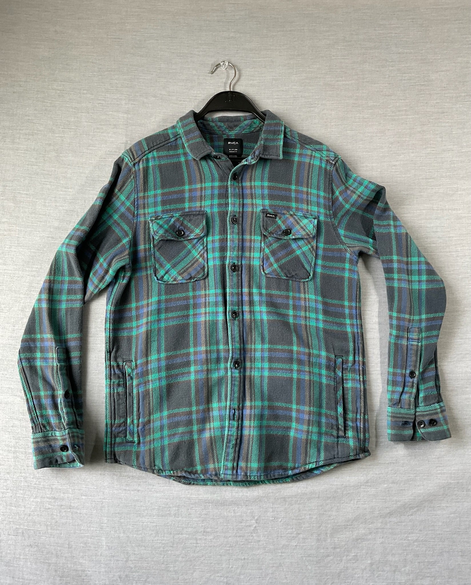 RVCA Men's Long Sleeve Button Up Flannel Shirt in Green and Blue.