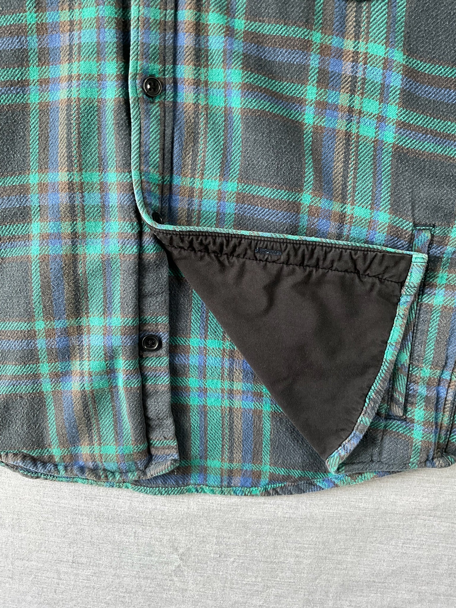 RVCA Men's Long Sleeve Button Up Flannel Shirt in Green and Blue.