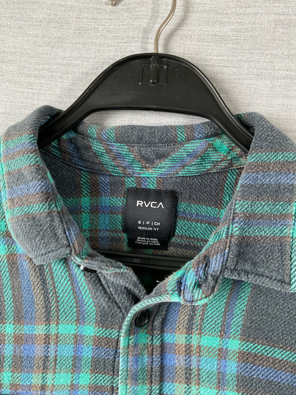 RVCA Men's Long Sleeve Button Up Flannel Shirt in Green and Blue.