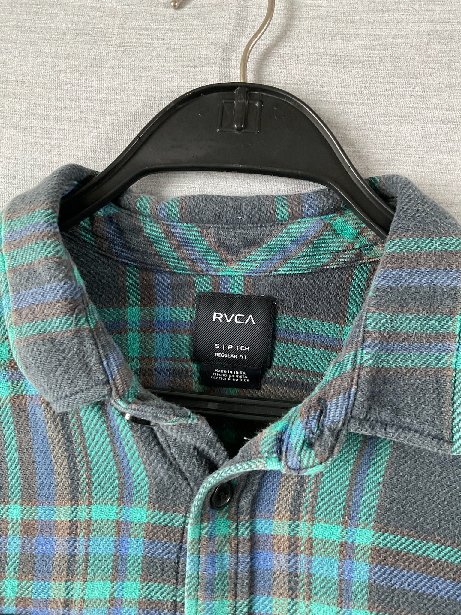 RVCA Men's Long Sleeve Button Up Flannel Shirt in Green and Blue.