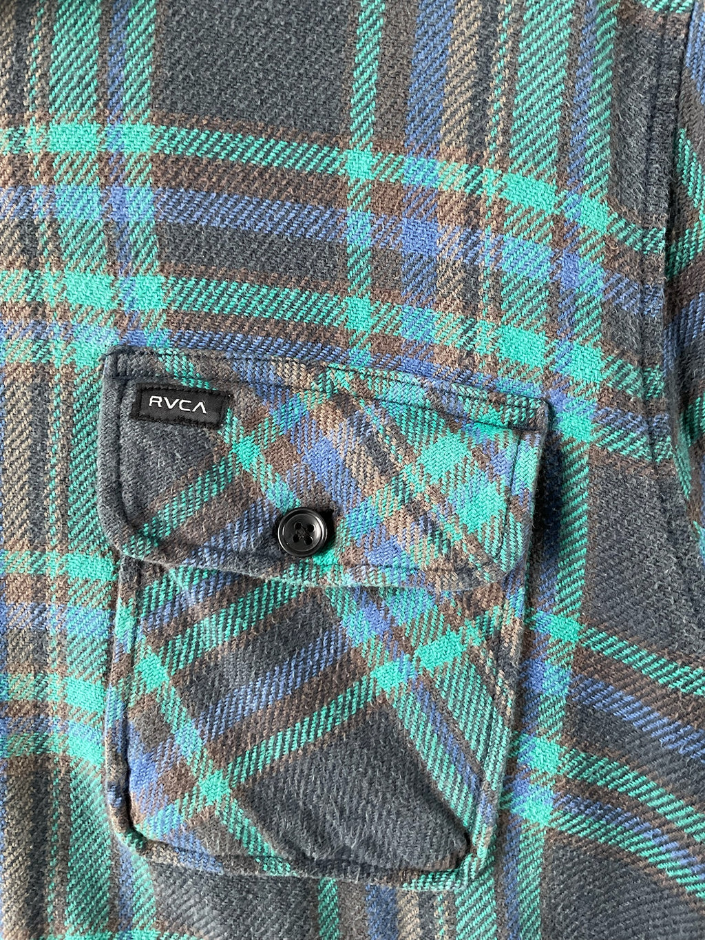 RVCA Men's Long Sleeve Button Up Flannel Shirt in Green and Blue.