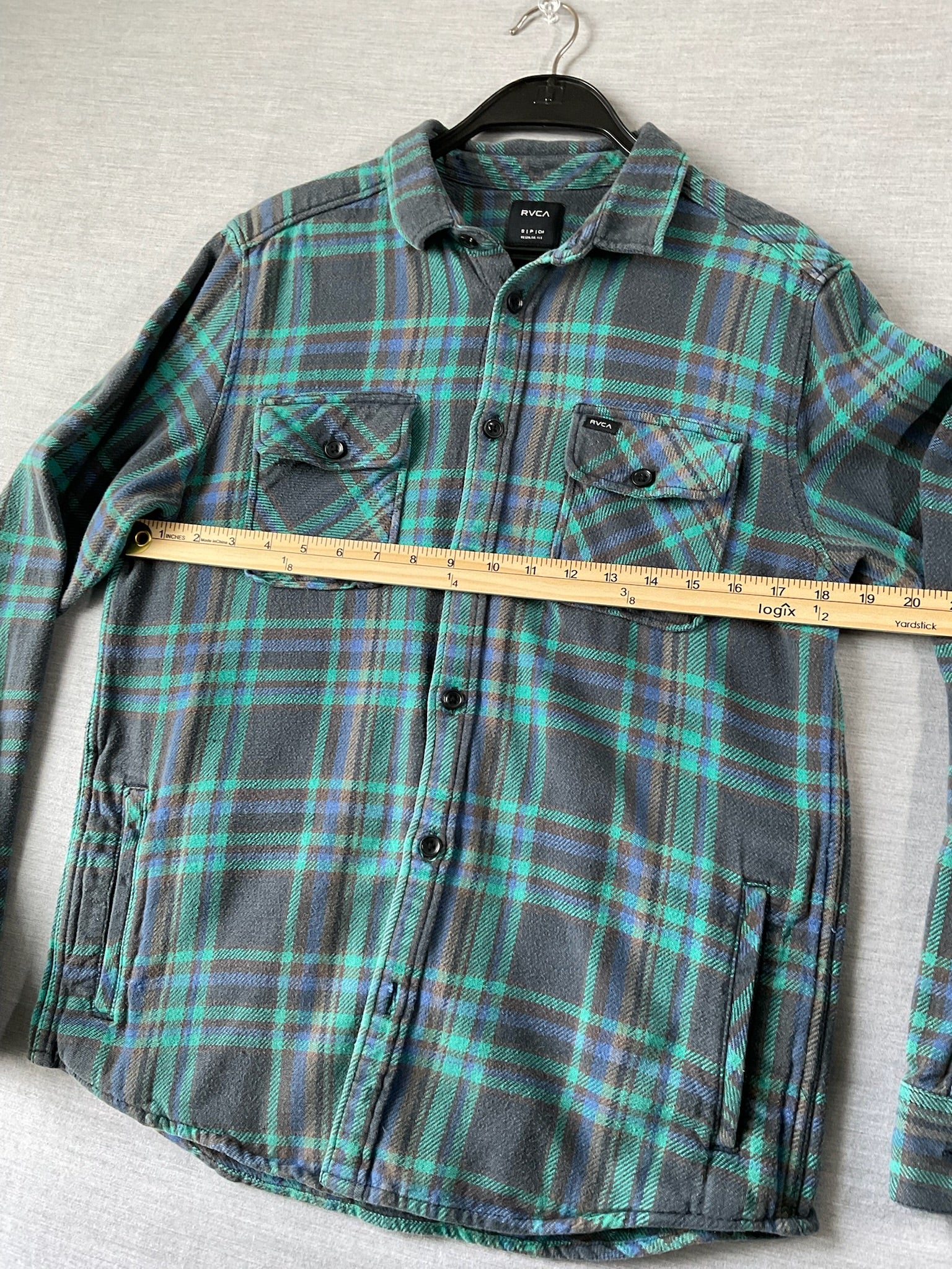 RVCA Men's Long Sleeve Button Up Flannel Shirt in Green and Blue.