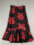 Women's Long Flared Bottom Black Skirt with Orange Flowers