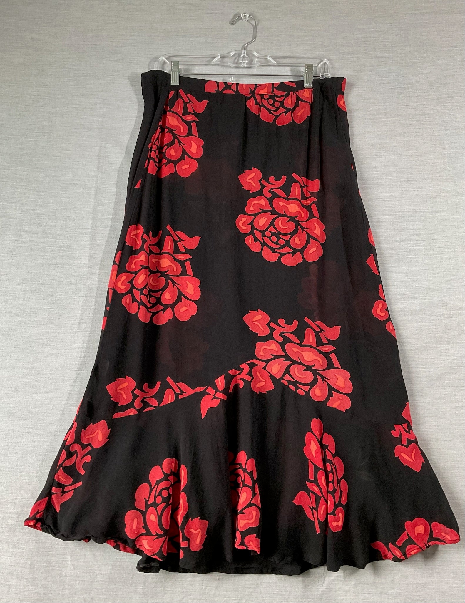 Women's Long Flared Bottom Black Skirt with Orange Flowers