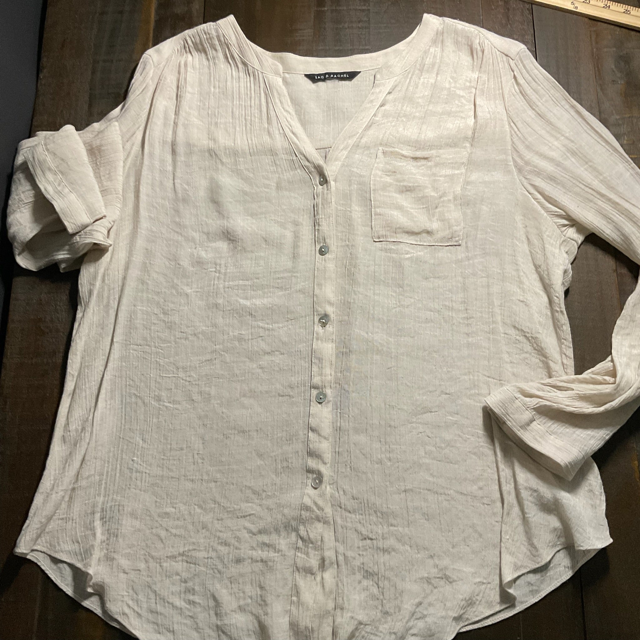 Zac and Rachel Women's Long Sleeve Button Up Gauze Beige Blouse. Size Large