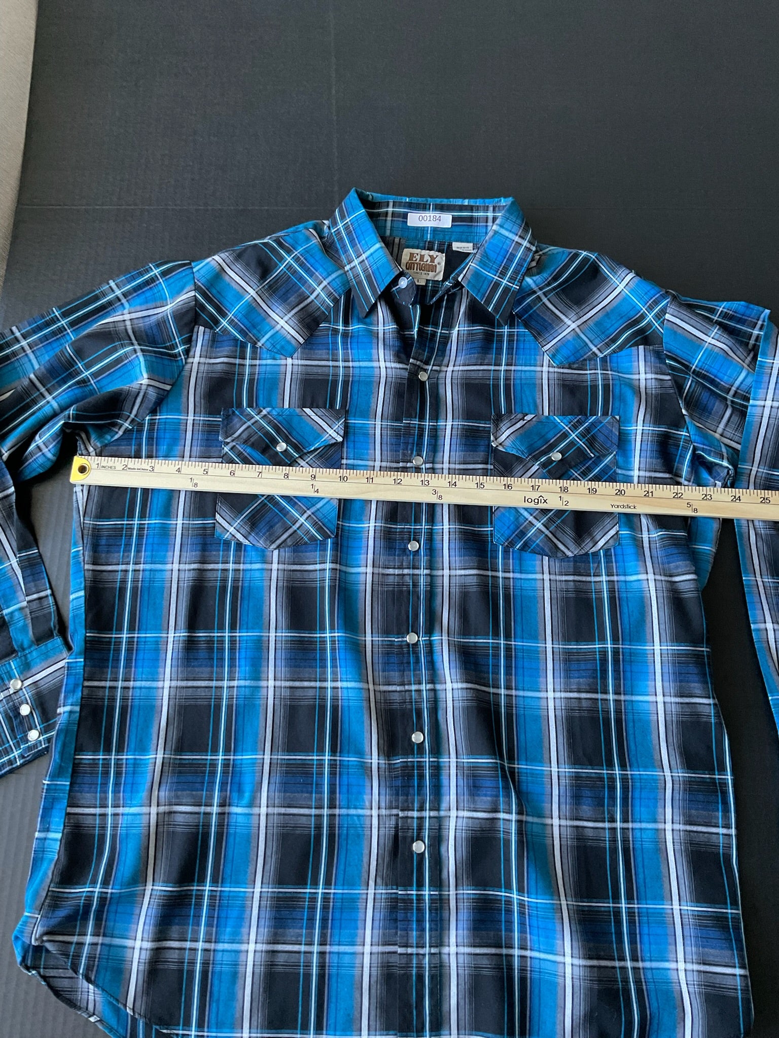 Ely Cattleman Men's Western Style Long Sleeve Button Up Blue Plaid. Size Large