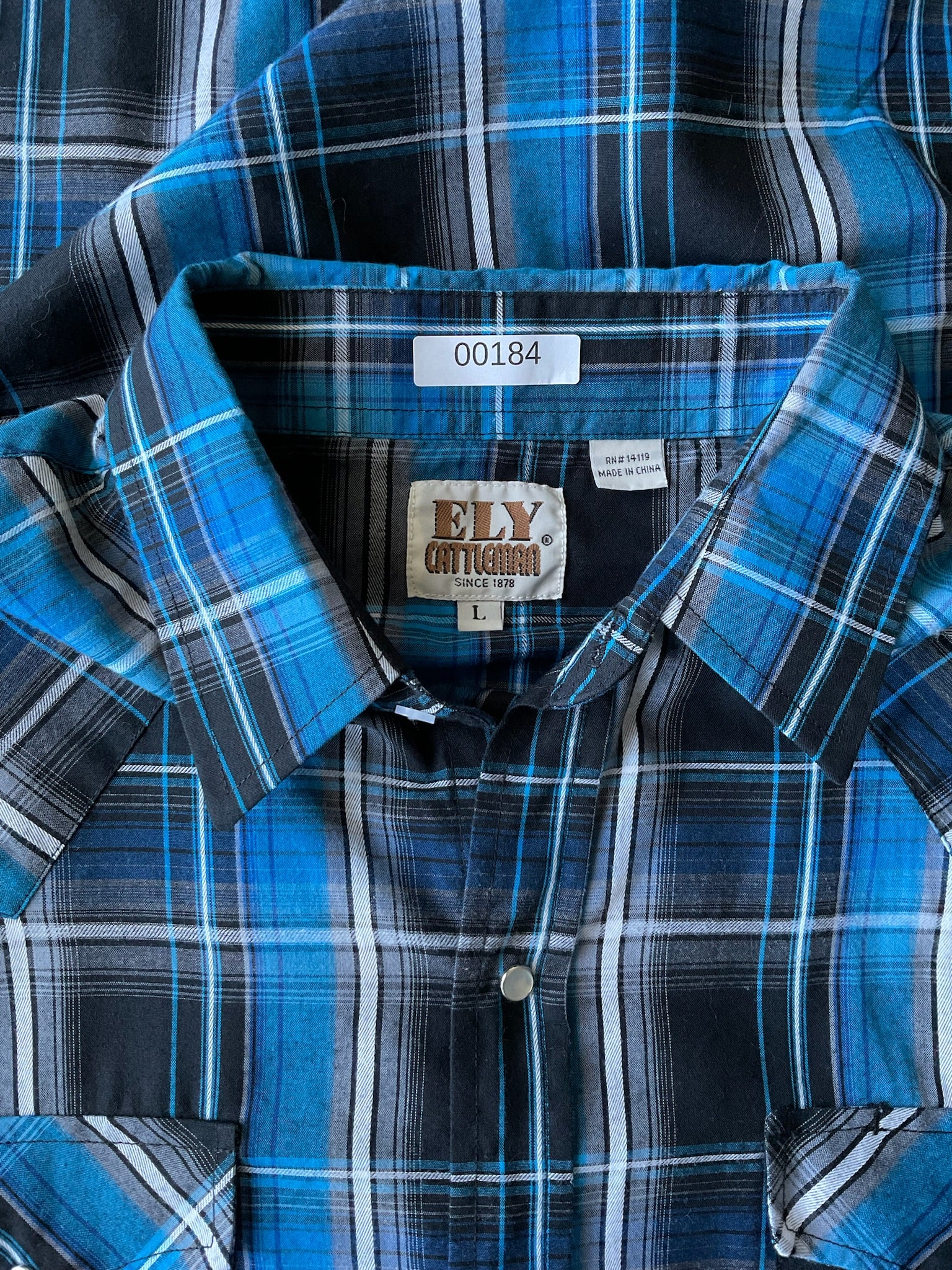 Ely Cattleman Men's Western Style Long Sleeve Button Up Blue Plaid. Size Large