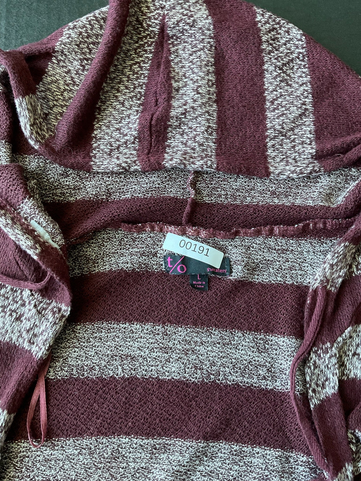 T/O Women’s Long Sleeve Cardigan in a vibrant Maroon Stripe. Size Large