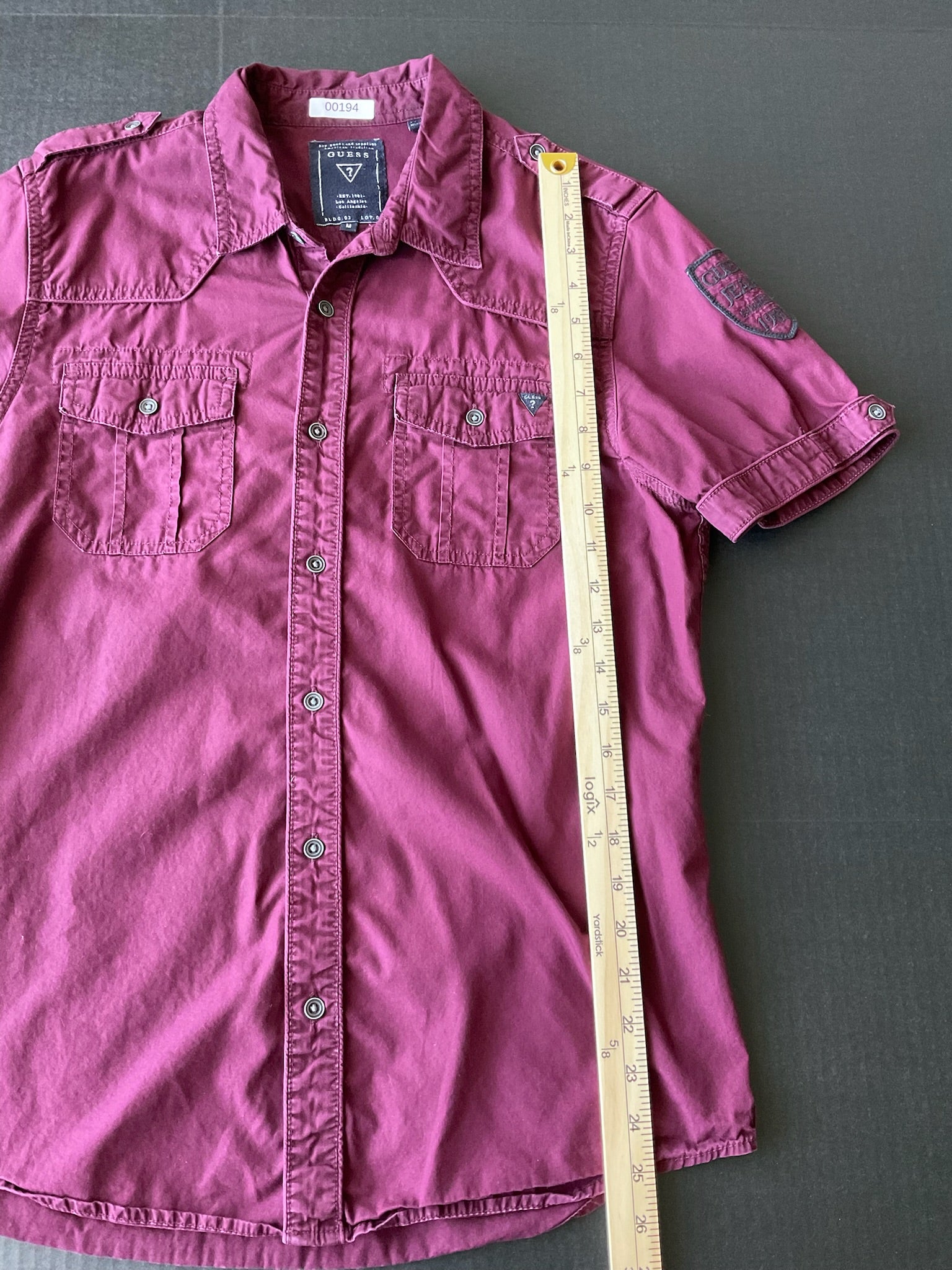 Guess Men's Long Sleeve Button Up Maroon Shirt. Size Medium