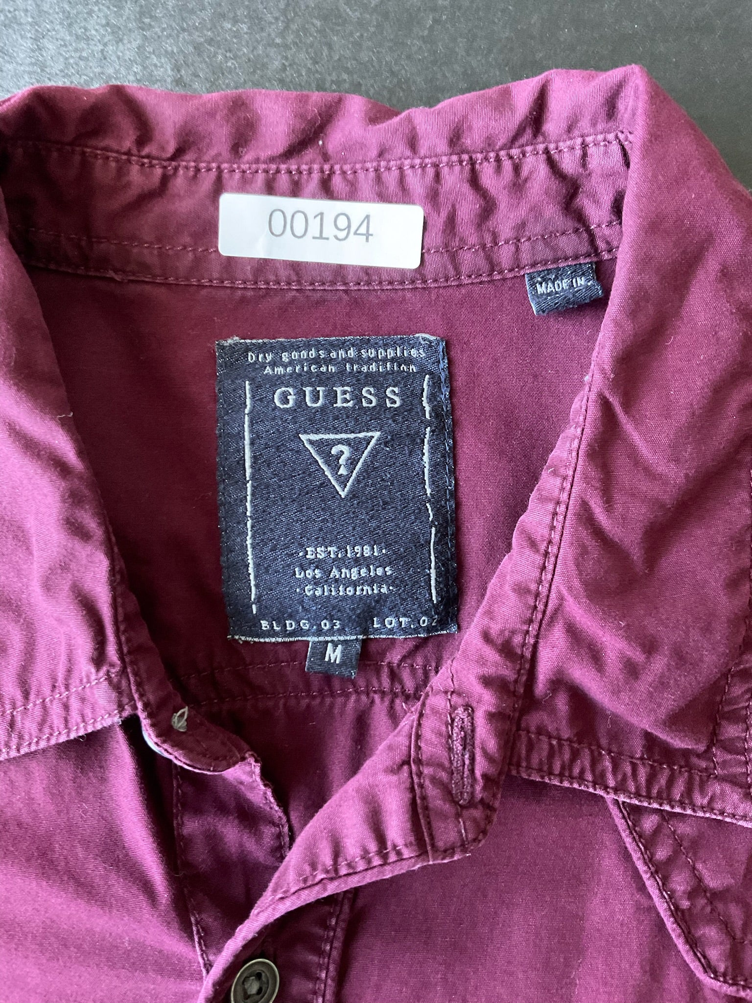 Guess Men's Long Sleeve Button Up Maroon Shirt. Size Medium