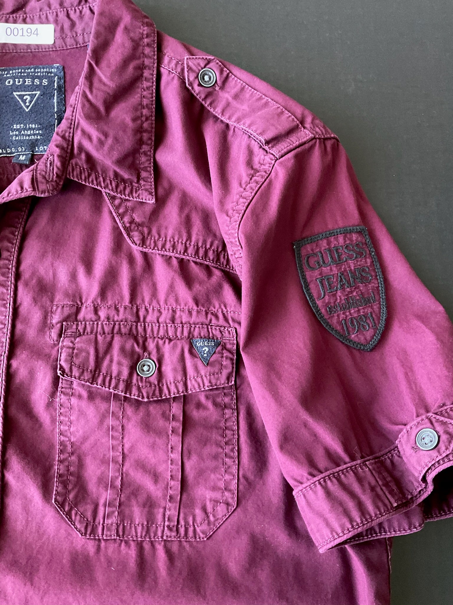 Guess Men's Long Sleeve Button Up Maroon Shirt. Size Medium