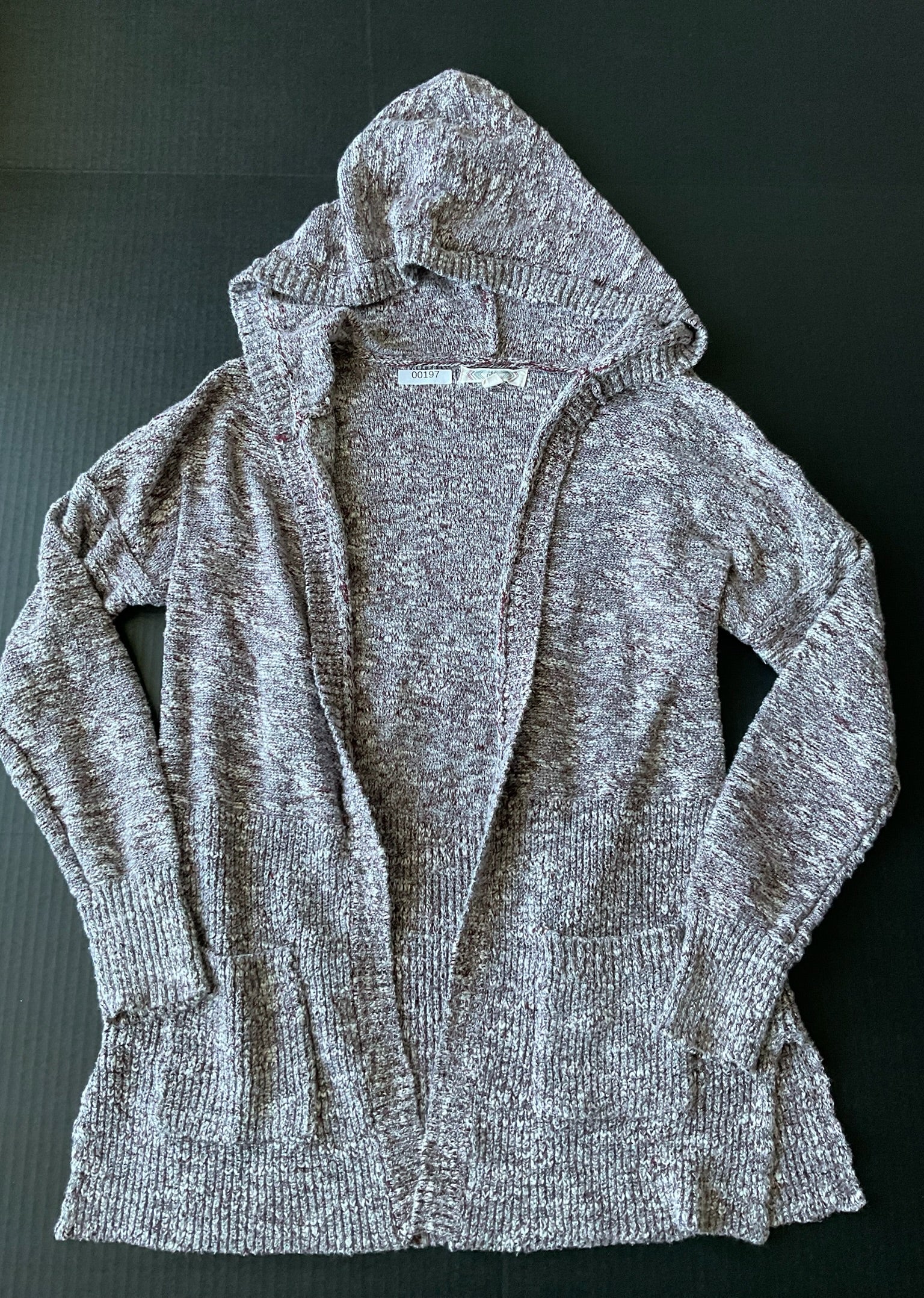 Pink Rose Women's Long Sleeve Cardigan in Burgundy and White. Size Medium