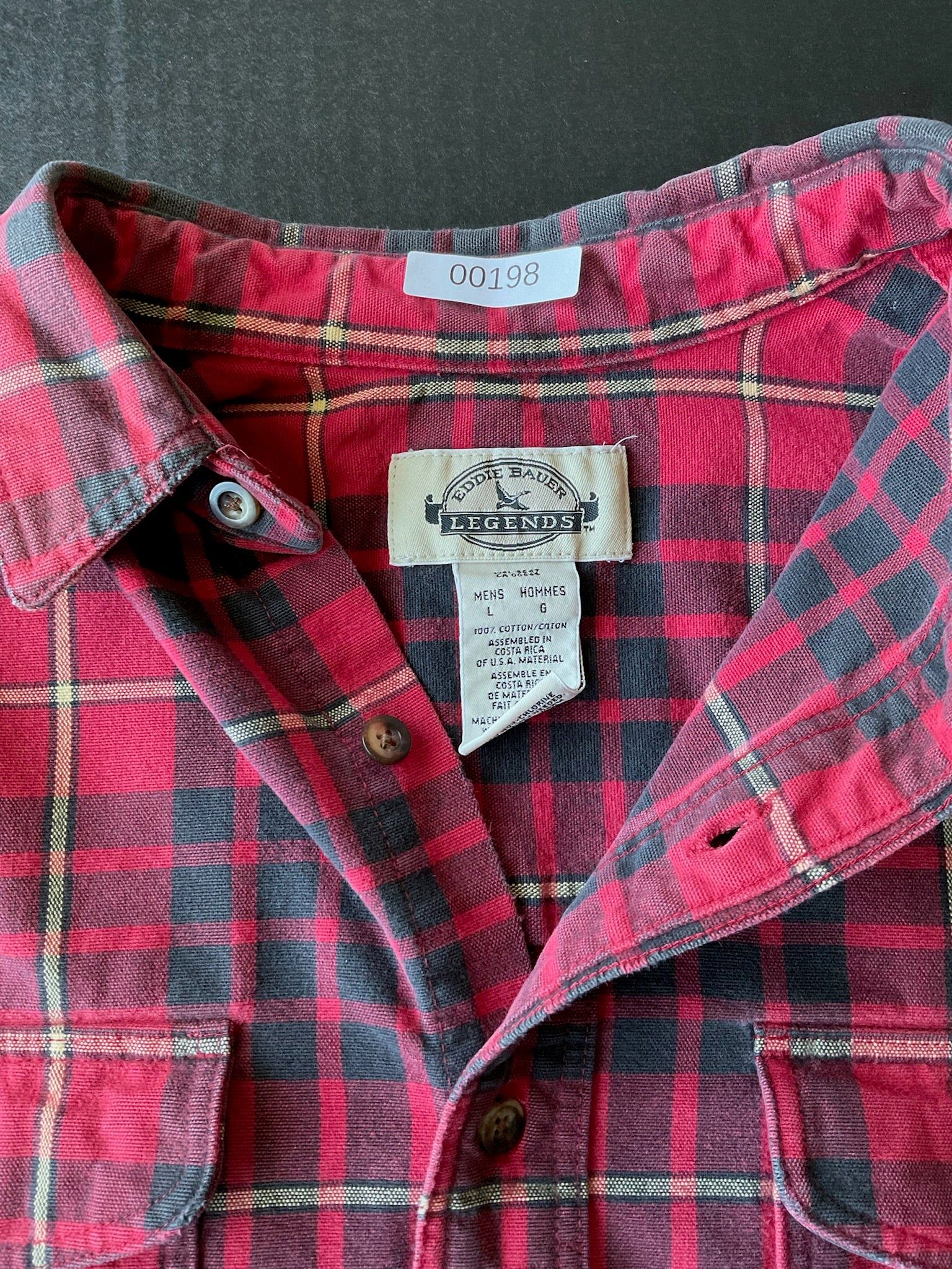 Eddie Bauer Men's Long Sleeve Button Up Red, Black Cream Plaid. Size Large