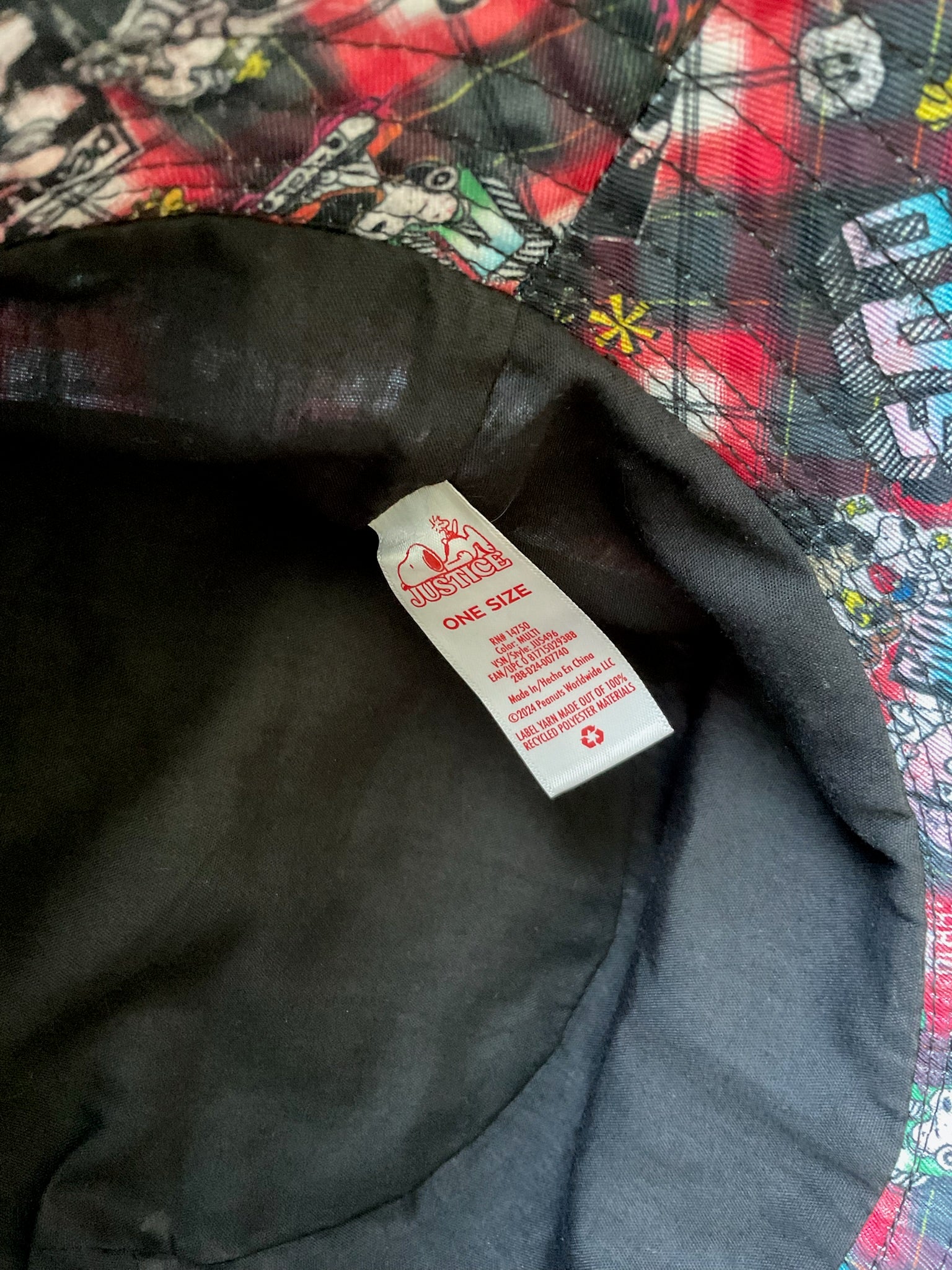 Justice Snoopy Bucket Hat Black Red Print. Size Small Medium