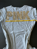 Victoria Secret PINK Women's Campus Crew Short Sleeve Gray T Shirt with Gold Sequins on back. Size Medium.