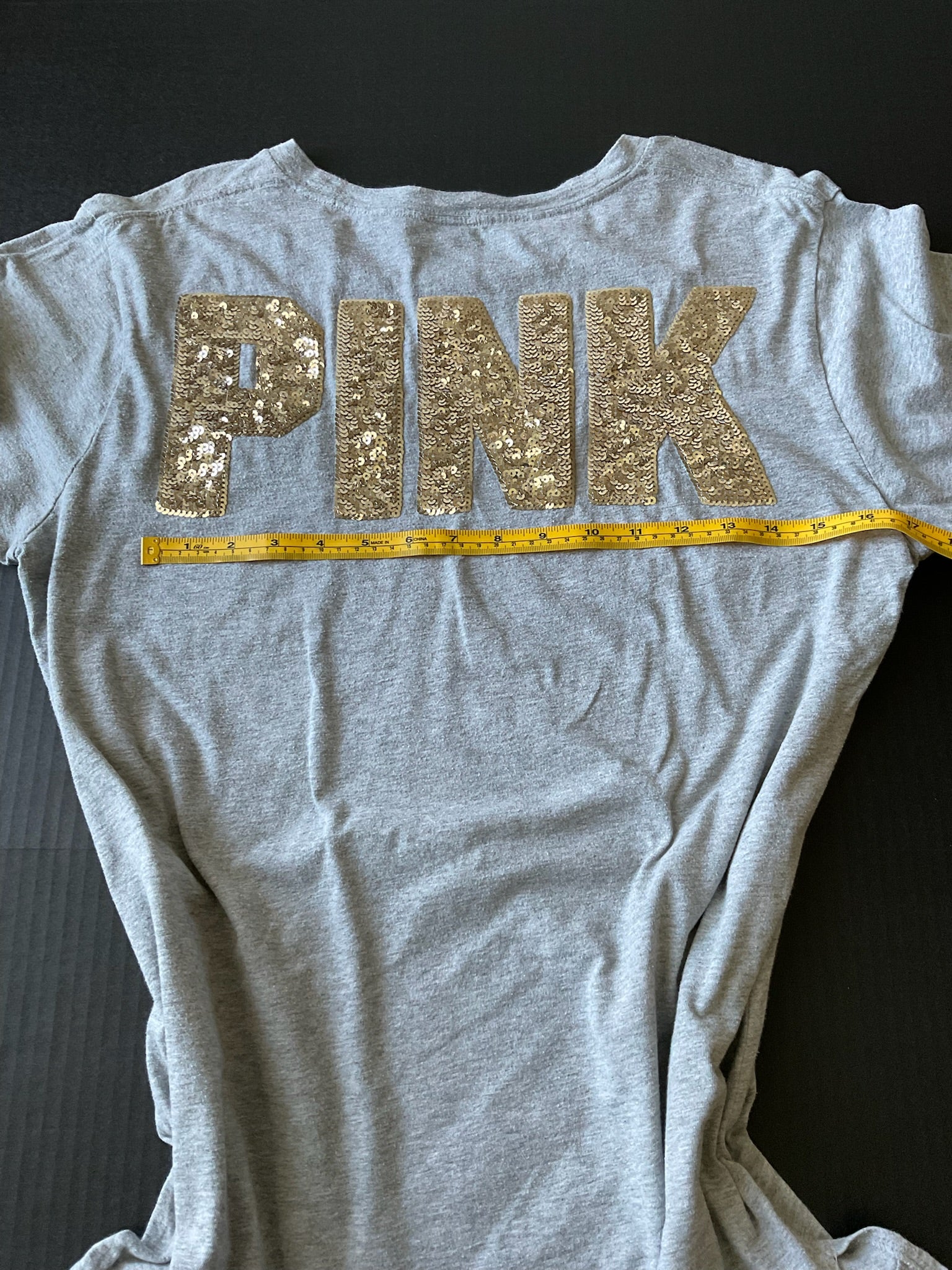 Victoria Secret PINK Women's Campus Crew Short Sleeve Gray T Shirt with Gold Sequins on back. Size Medium.