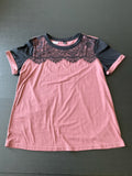 Shein Women's Short Sleeve Mauve Black Lace Blouse. Size Large