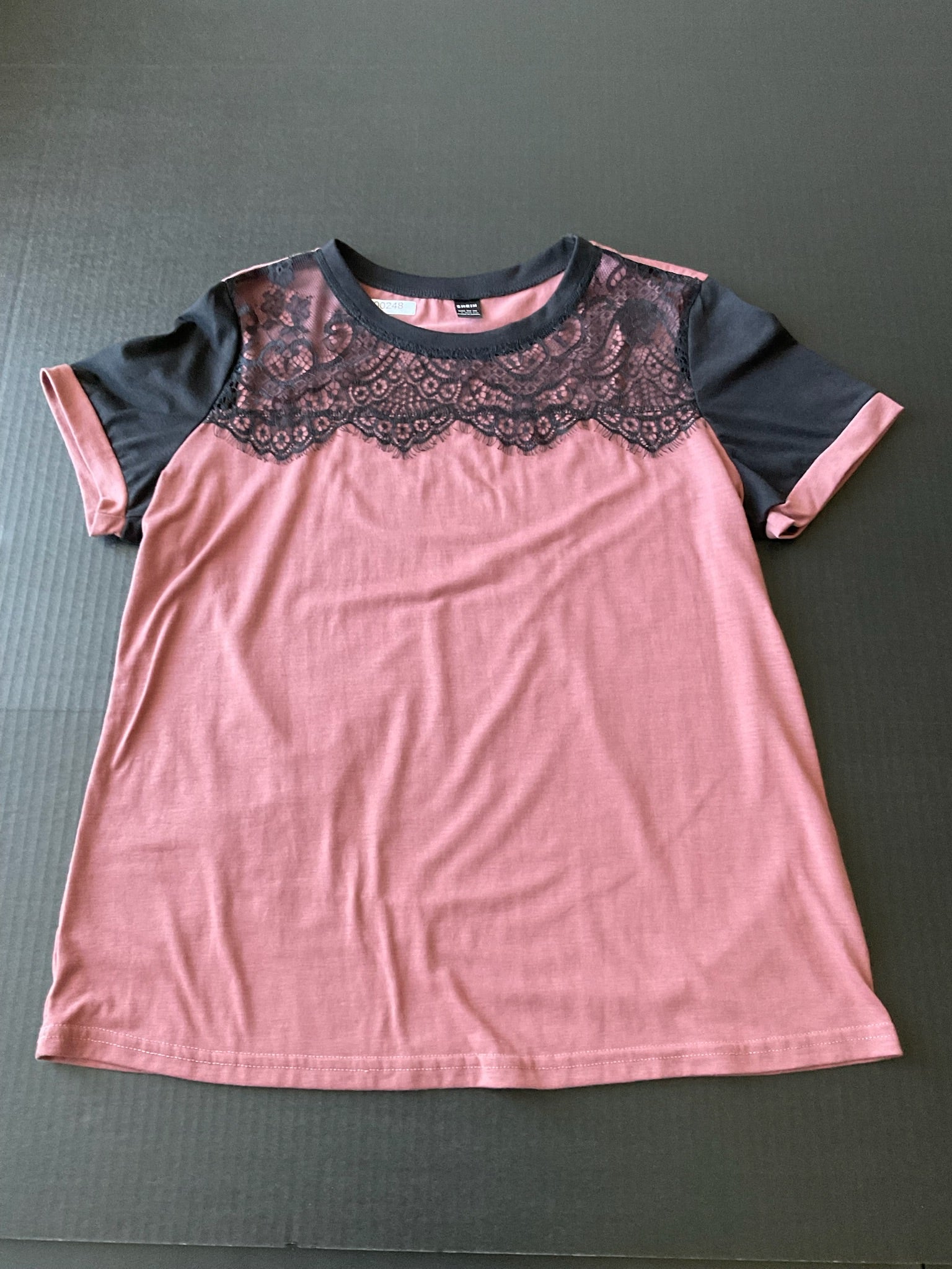 Shein Women's Short Sleeve Mauve Black Lace Blouse. Size Large