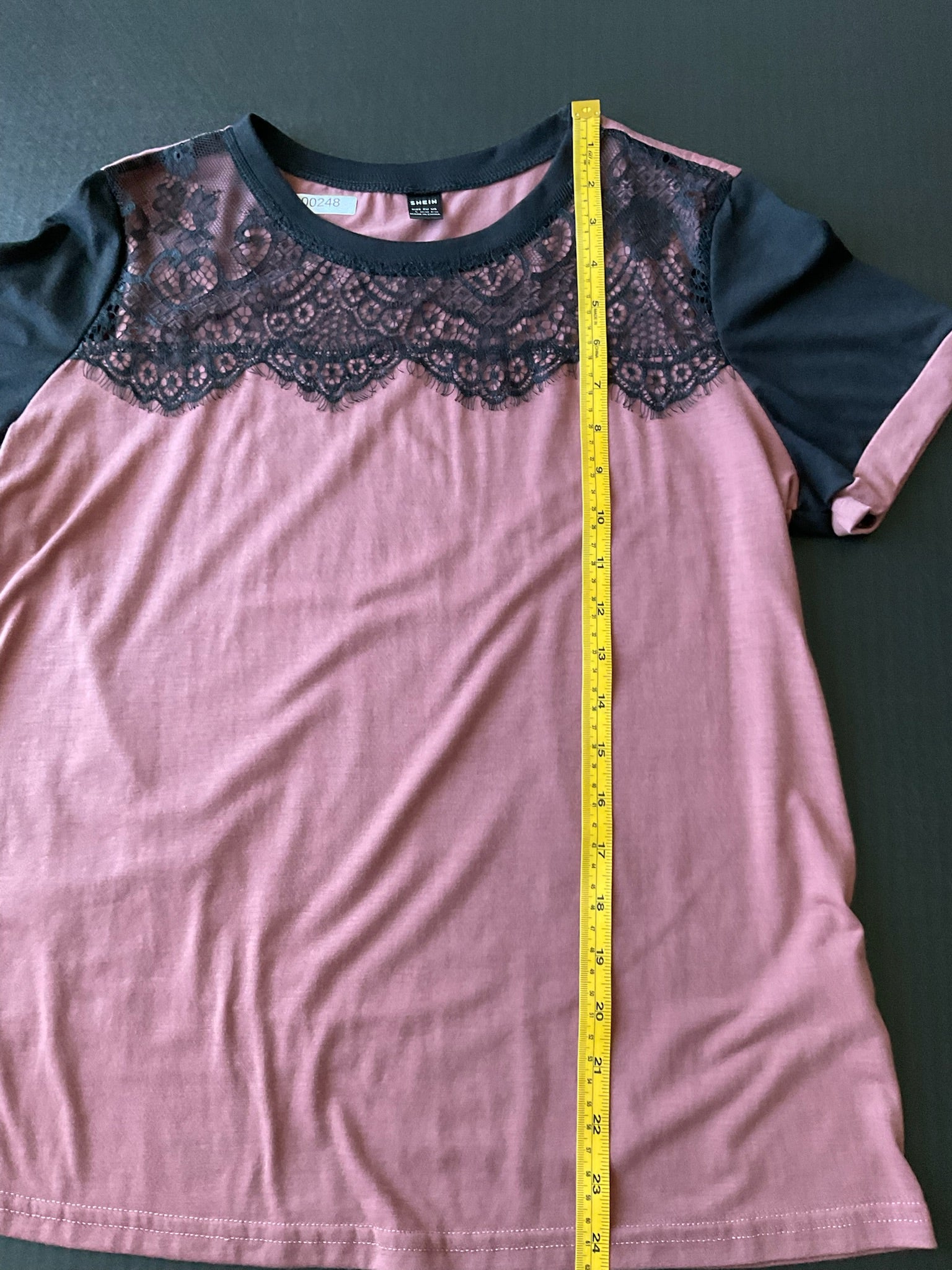 Shein Women's Short Sleeve Mauve Black Lace Blouse. Size Large