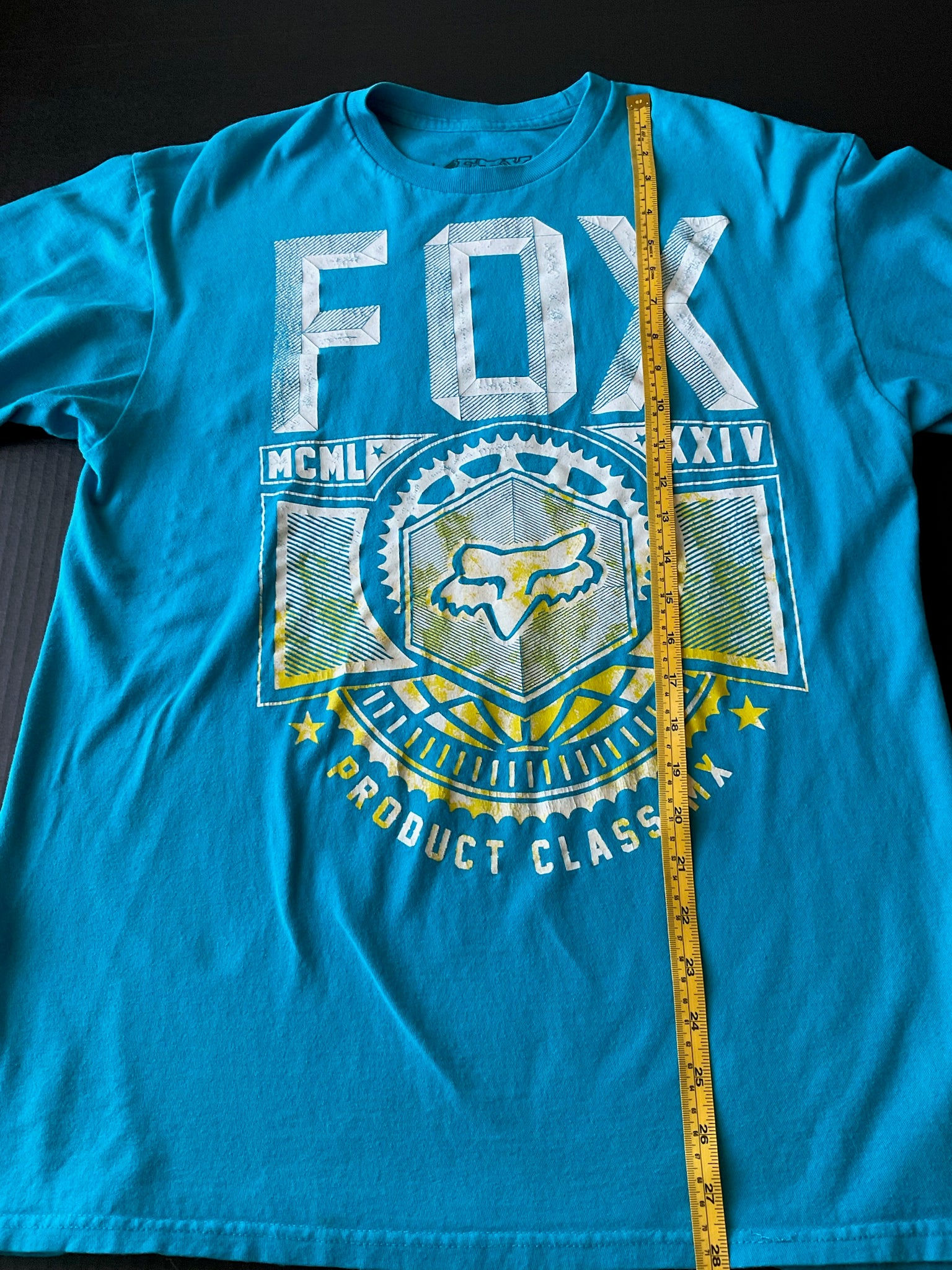 Fox Men's Short Sleeve Crew Printed T Shirt. Size Large. Blue, White Yellow.