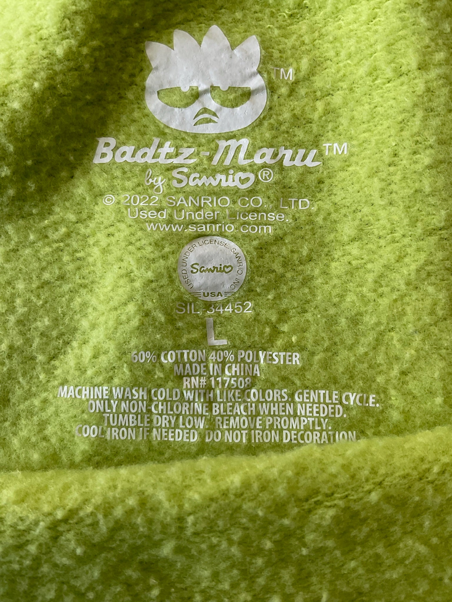 Sanrio Badtz-Maru Long Sleeve Neon Green Printed Sweatshirt. Size Large