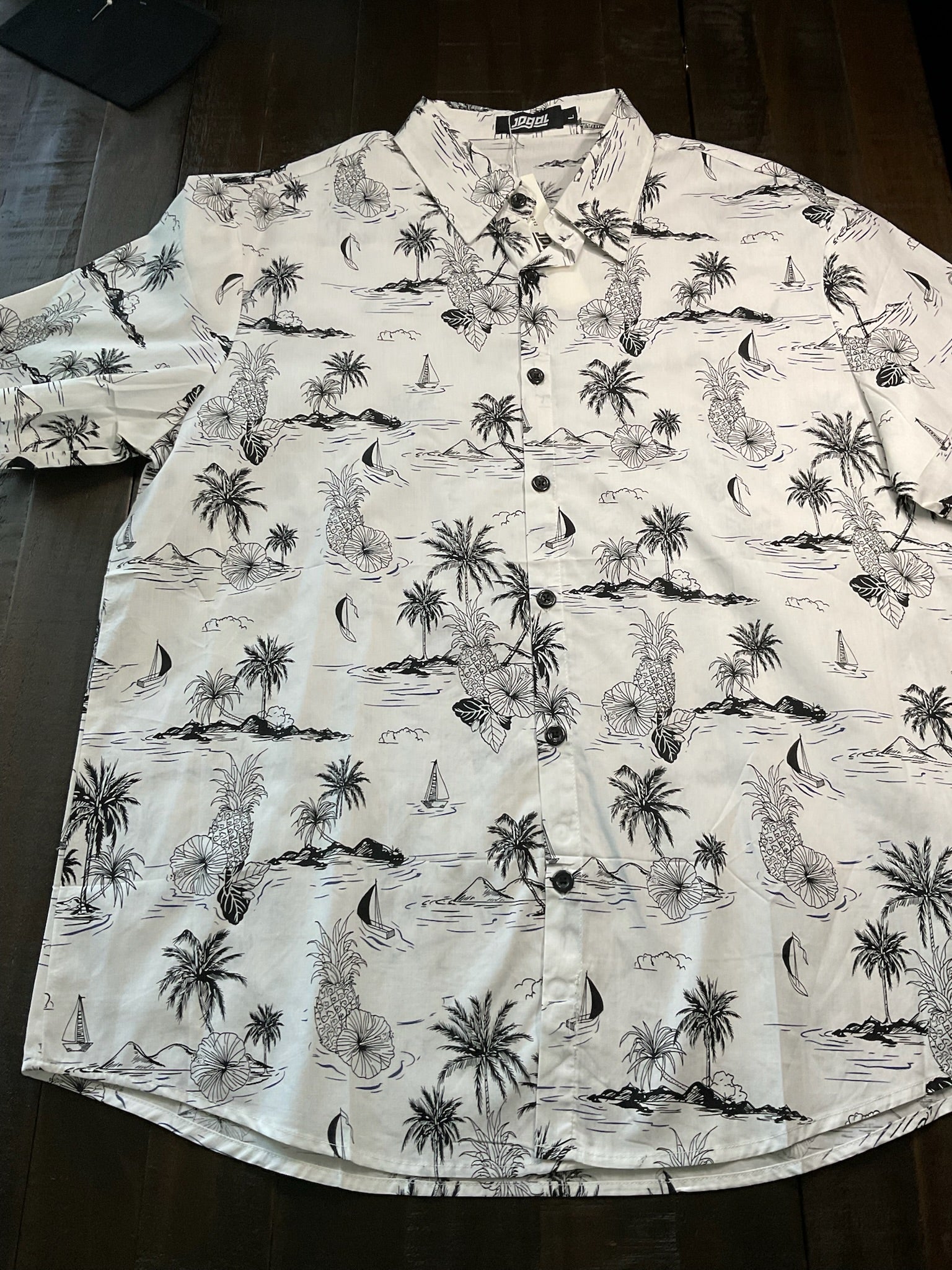 JOGAL Men’s Short-Sleeve Tropical Hawaiian Button-Up Shirt - White (Size Large)