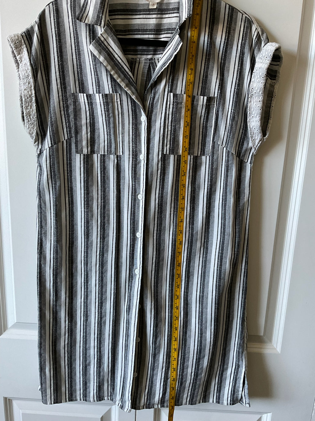 Hem & Thread Black White Striped Button Down Linen Blend Dress.  Medium