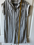 Hem & Thread Black White Striped Button Down Linen Blend Dress.  Medium