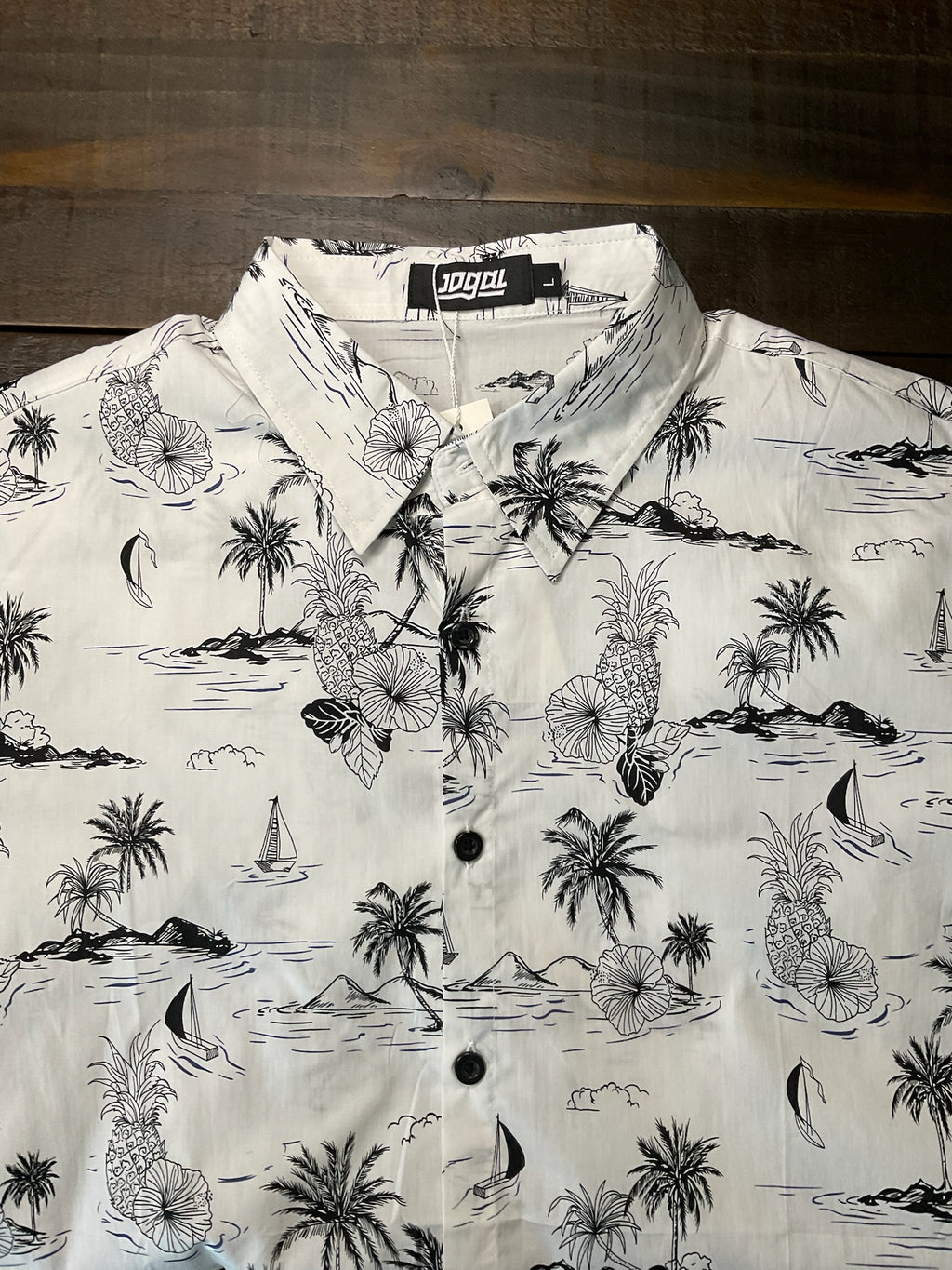 JOGAL Men’s Short-Sleeve Tropical Hawaiian Button-Up Shirt - White (Size Large)