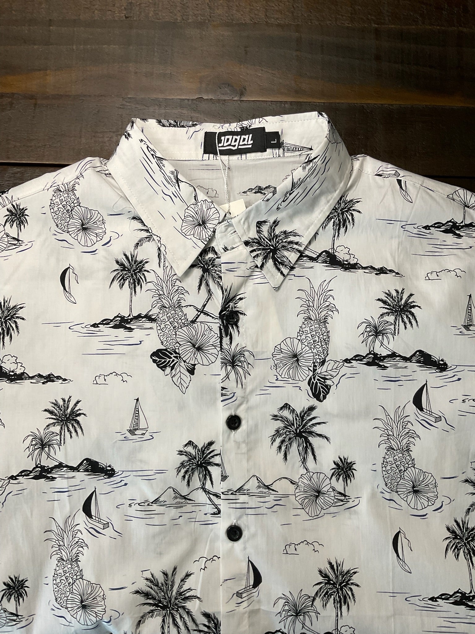 JOGAL Men’s Short-Sleeve Tropical Hawaiian Button-Up Shirt - White (Size Large)