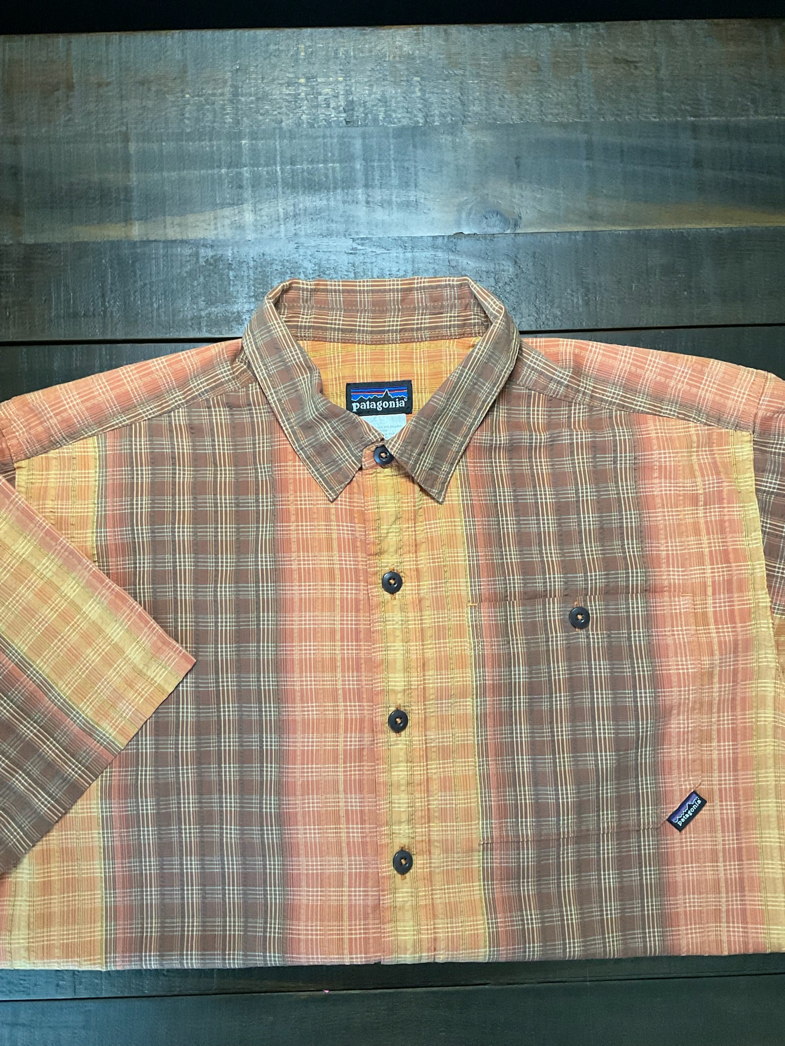 Vintage 2007 Patagonia Men’s Short-Sleeve Puckerware Shirt - Orange/Brown Plaid Size S