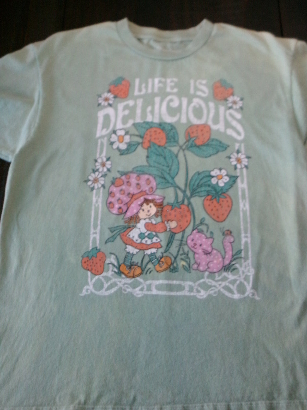 Strawberry Shortcake Women's Short Sleeve Green Printed T Shirt.  Size Large 