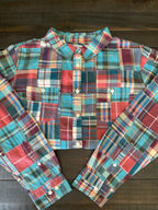 L.L. Bean Women’s Long-Sleeve Roll-Tab Plaid Shirt - Turquoise & Rust  Large)