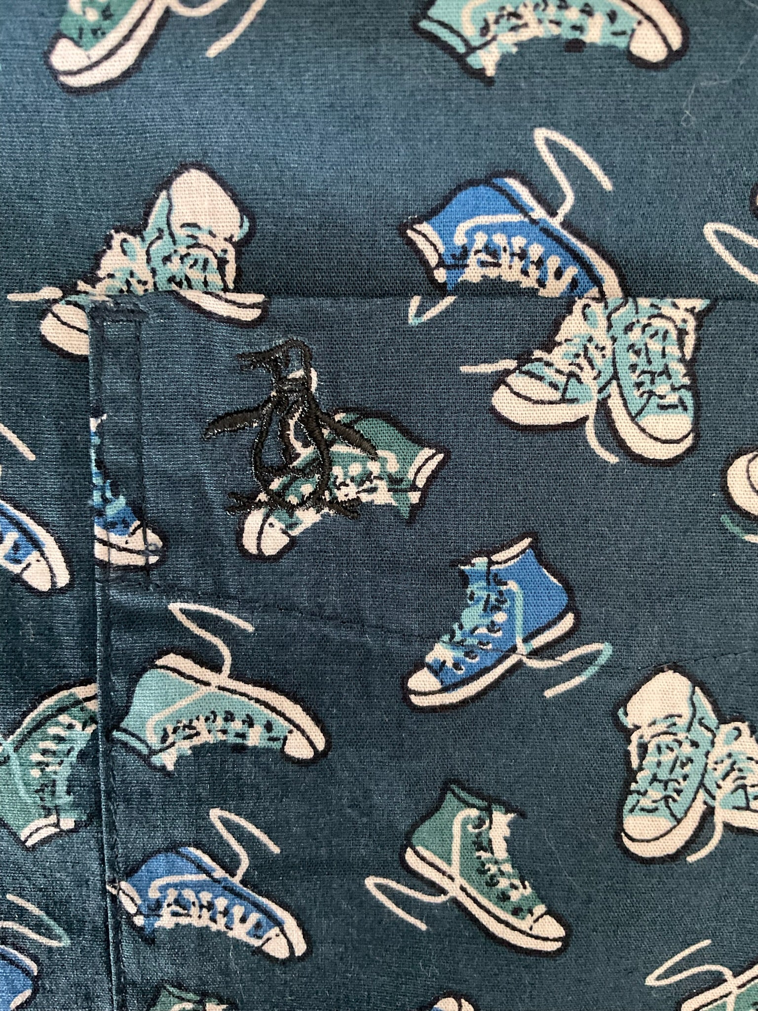 Original Penguin Men's Novelty Shoe Print Short Sleeve Button Up Shirt. Large